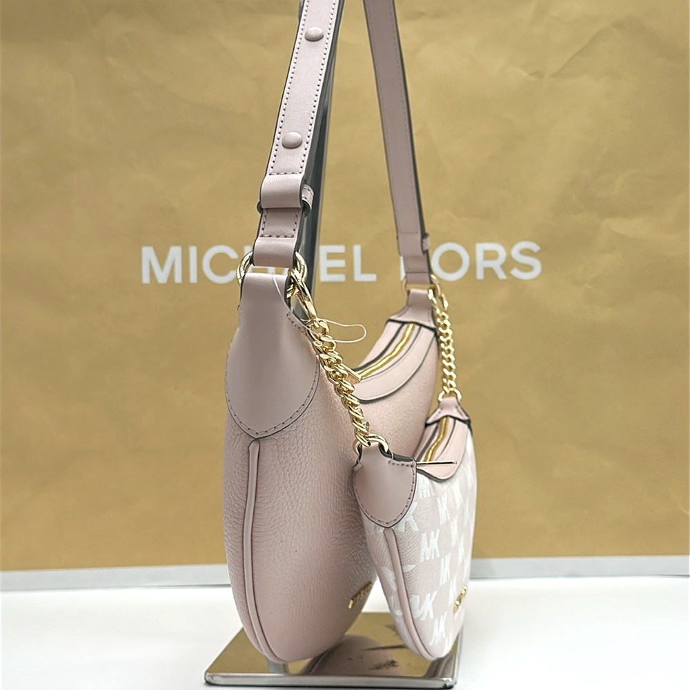MICHAEL KORS Hollis Medium 2-in-1 Pebbled Leather and Logo Jacquard Shoulder Bag - Picture 7 of 16
